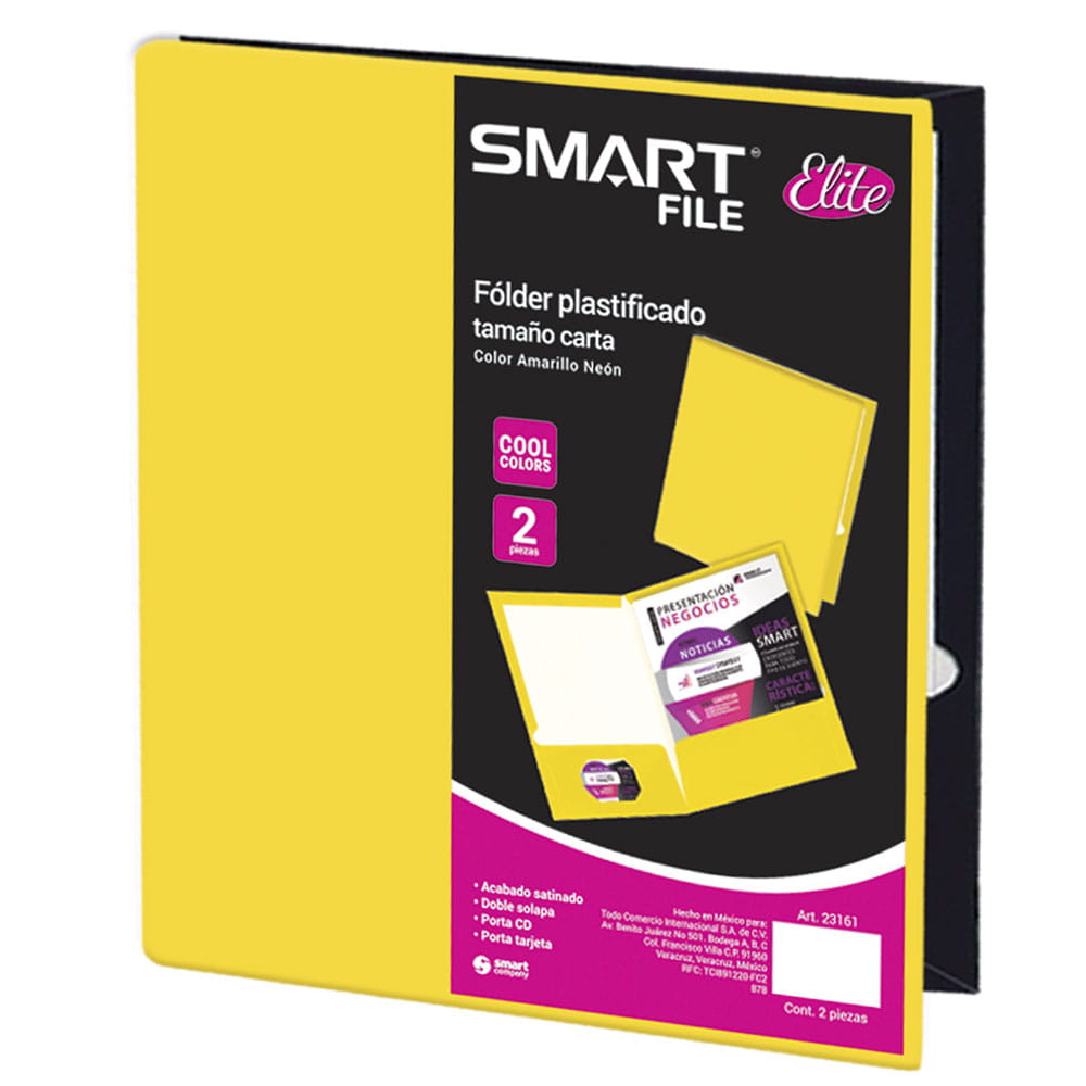 Folder de Cartulina Tamaño Carta Amarillo Neón Paquete con  2 Piezas Smart File