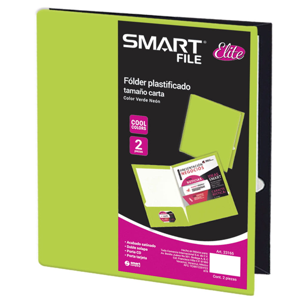 Folder de Cartulina Tamaño Carta Verde Neón Paquete con  2 Piezas Smart File