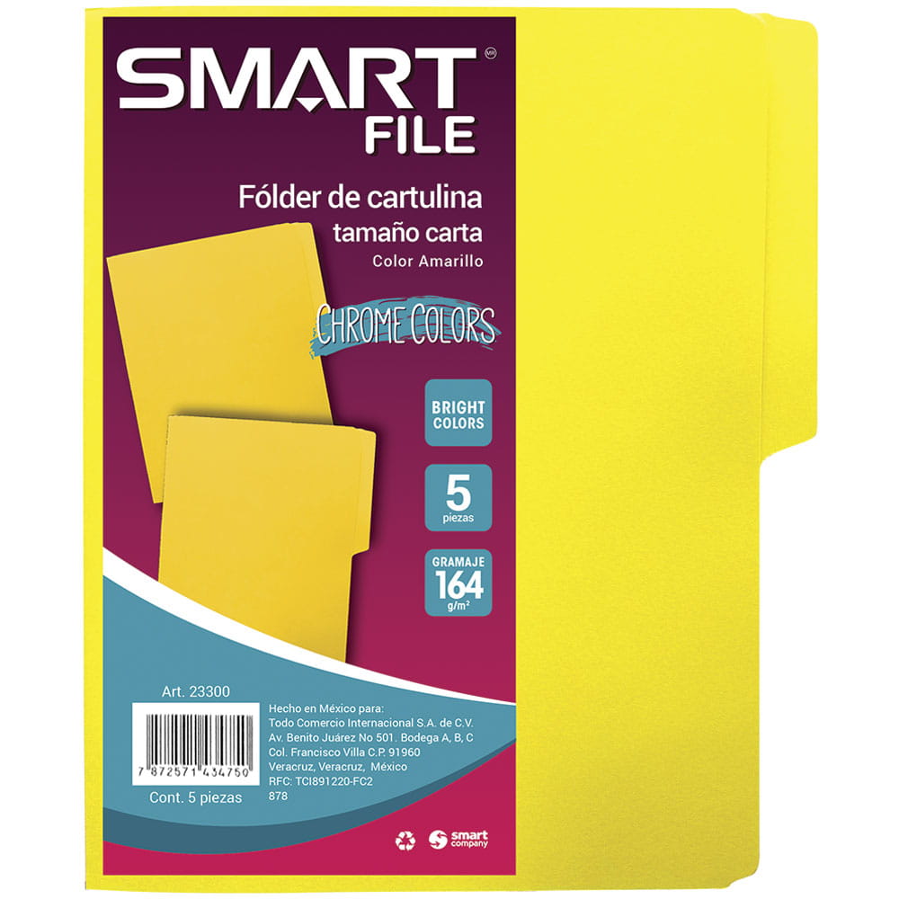 Folder de Cartulina Tamaño Carta Amarillo Paquete con 5 Piezas Smart
