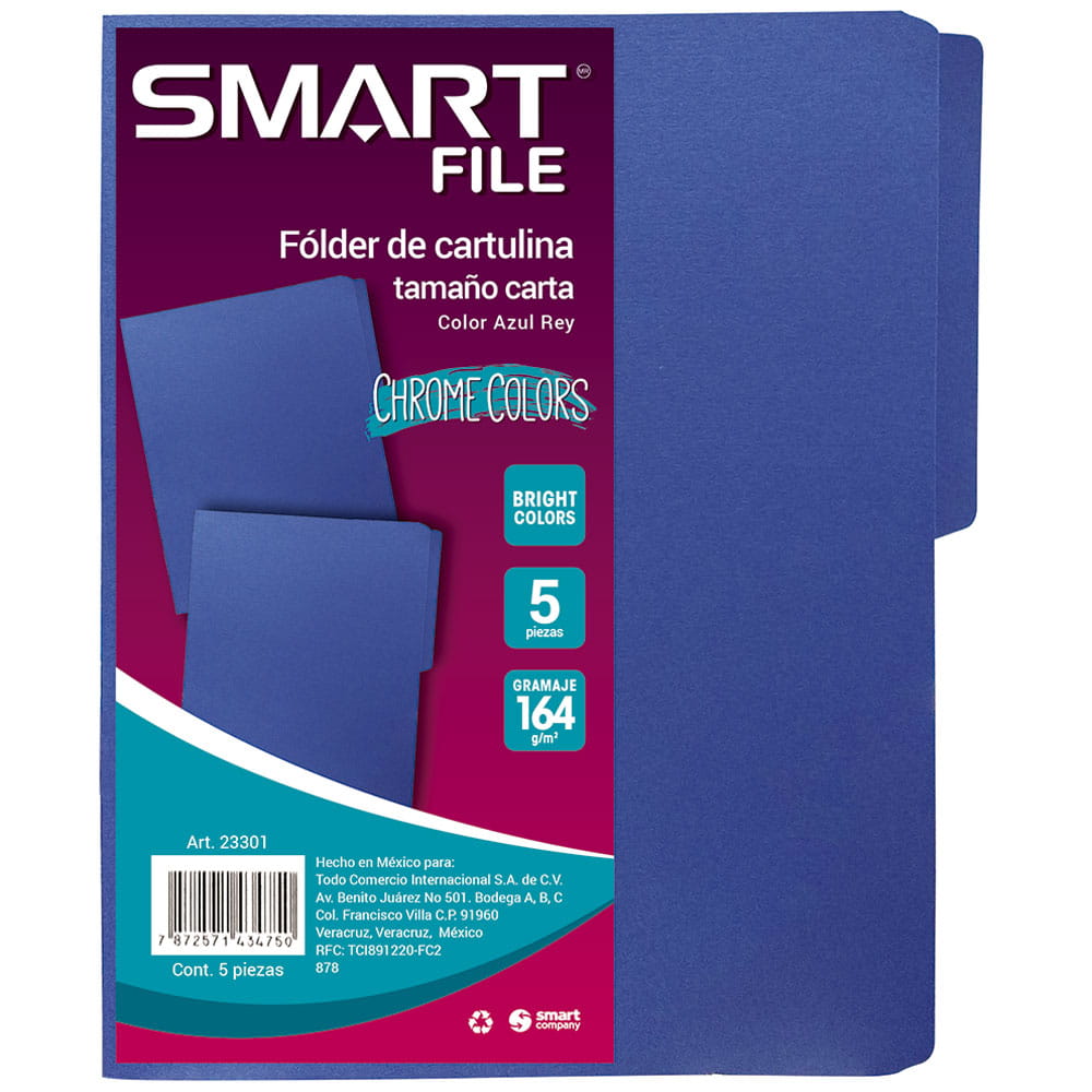 Folder de Cartulina Tamaño Carta Azul Rey Paquete con 5 Piezas Smart