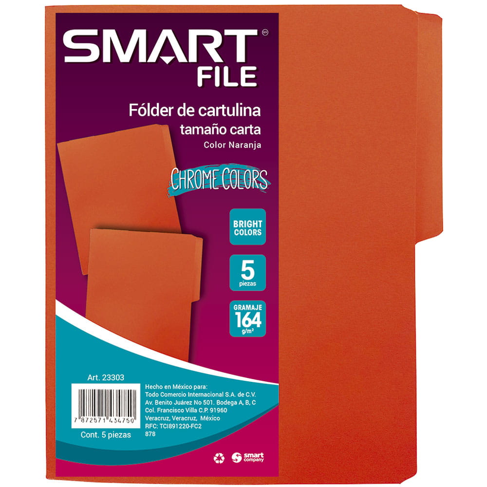 Folder de Cartulina Tamaño Carta Naranja Paquete con 5 Piezas Smart