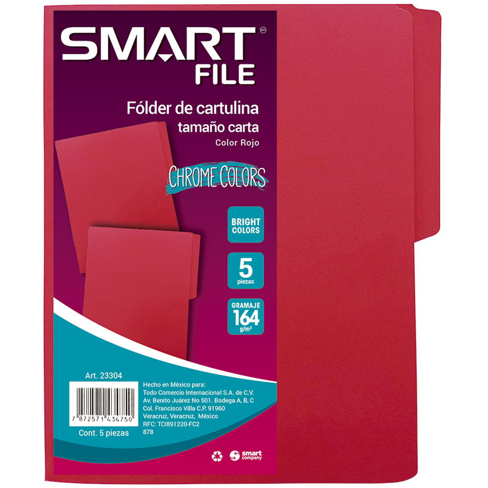 Folder de Cartulina Tamaño Carta Rojo Paquete con 5 Piezas Smart