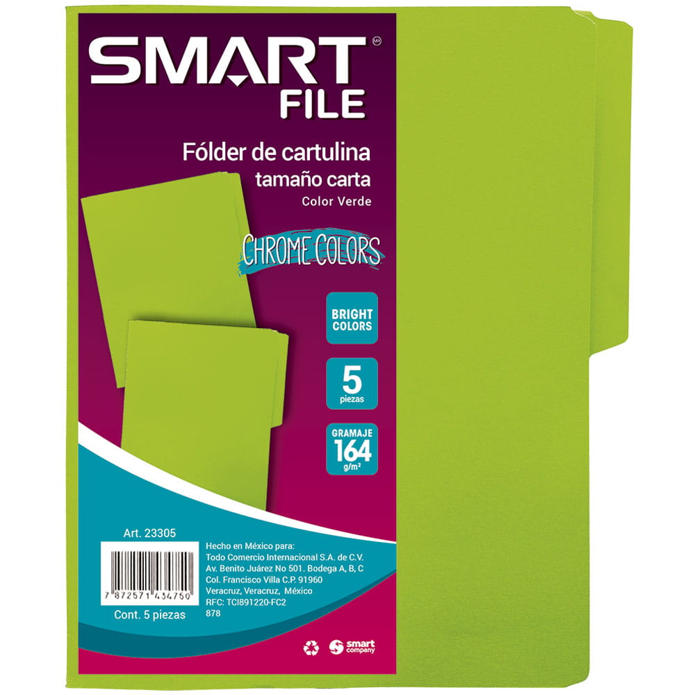 Folder de Cartulina Tamaño Carta Verde Paquete con 5 Piezas Smart