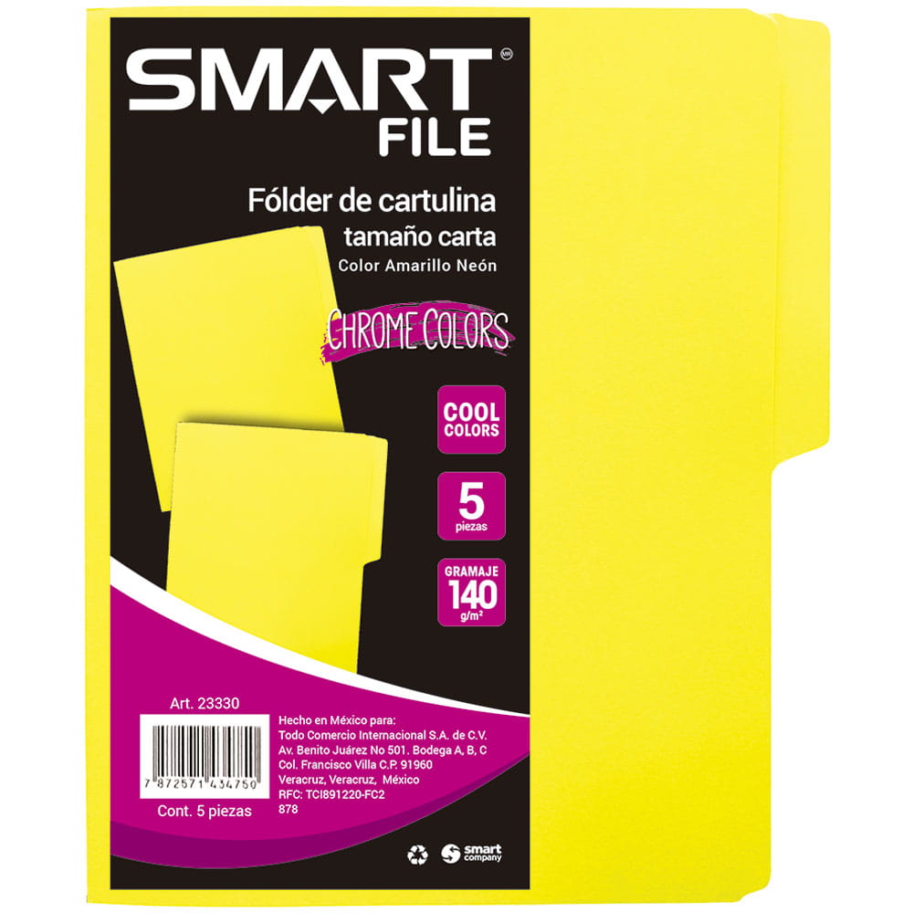Folder de Cartulina Tamaño Carta Amarillo Cool Colors Paquete con 5 Piezas Smart
