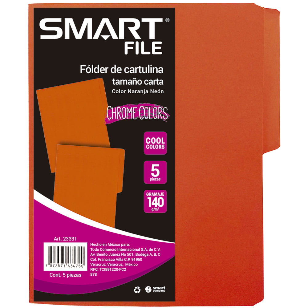 Folder de Cartulina Tamaño Carta Naranja Cool Colors Paquete con 5 Piezas Smart