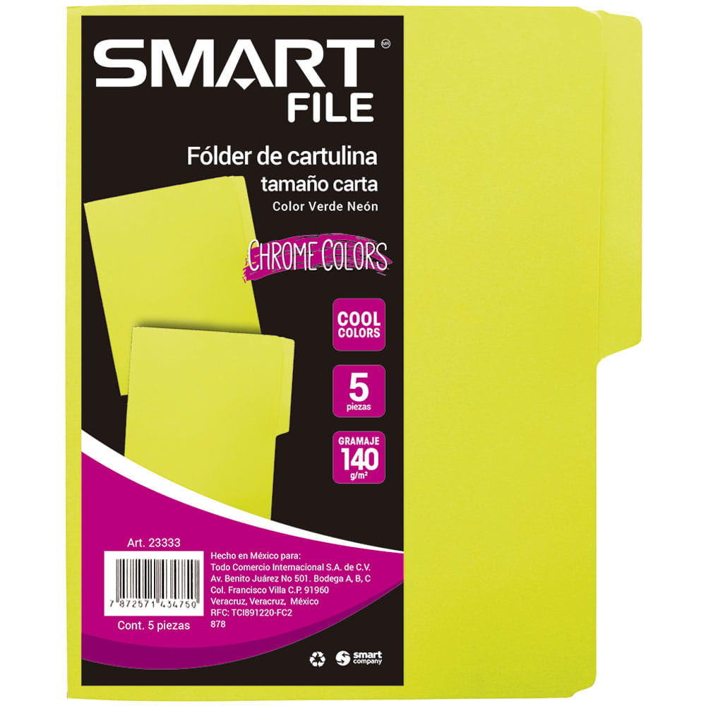 Folder de Cartulina Tamaño Carta Verde Limón Paquete con 5 Piezas Smart