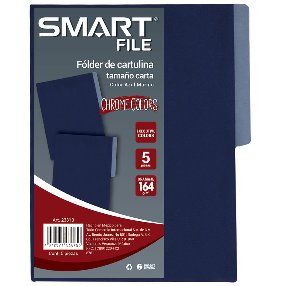 Folder de Cartulina Tamaño Carta Azul Executive Paquete con 5 Piezas Smart