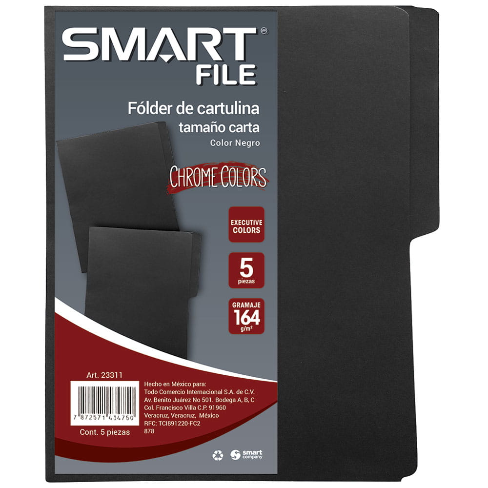 Folder de Cartulina Tamaño Carta Negro Executive Paquete con 5 Piezas Smart
