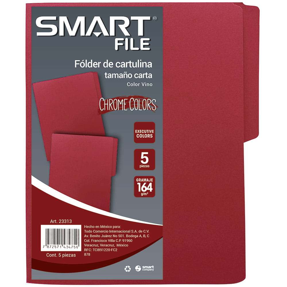 Folder de Cartulina Tamaño Carta Vino Executive Paquete con 5 Piezas Smart