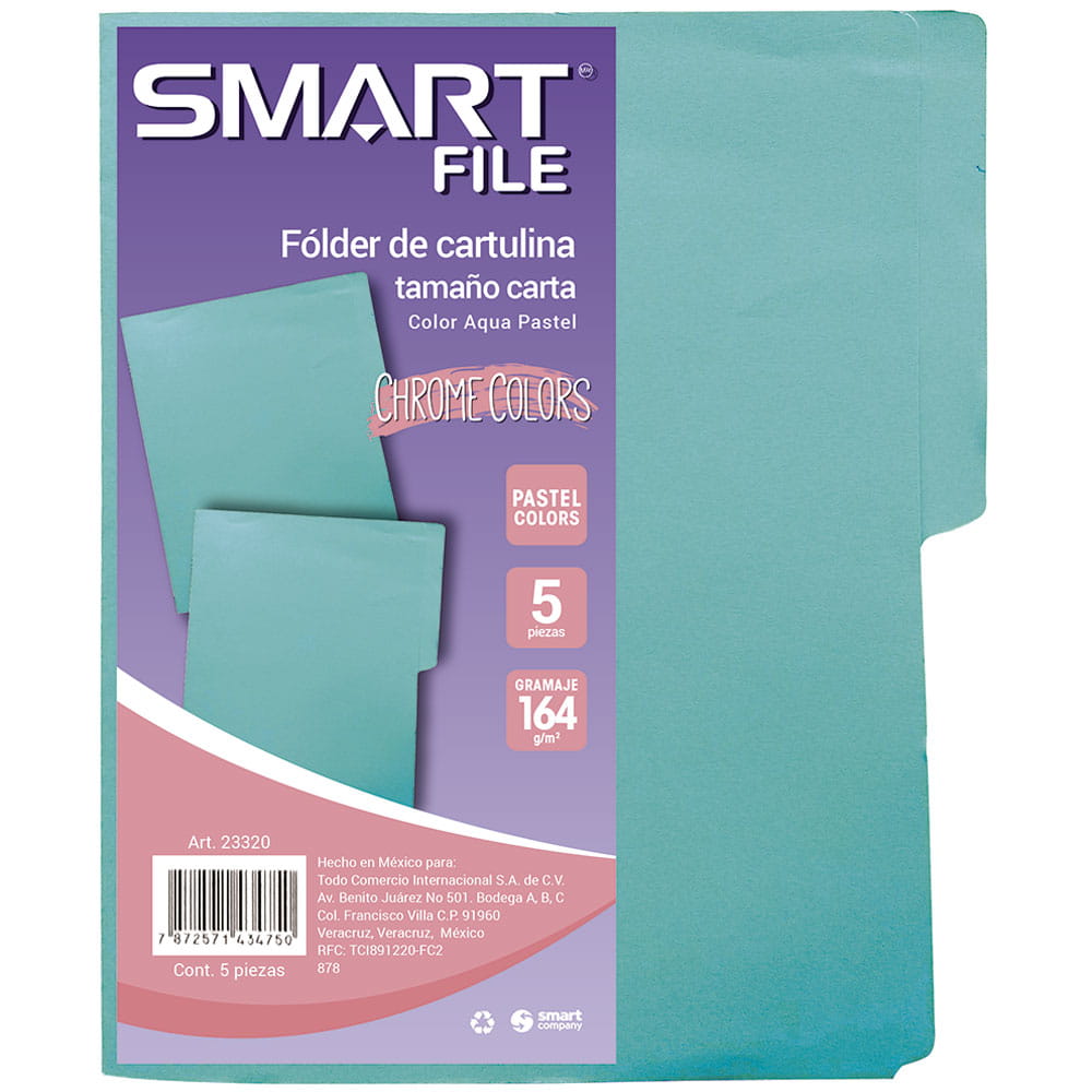 Folder de Cartulina Tamaño Carta Aqua Pastel Paquete con 5 Piezas Smart