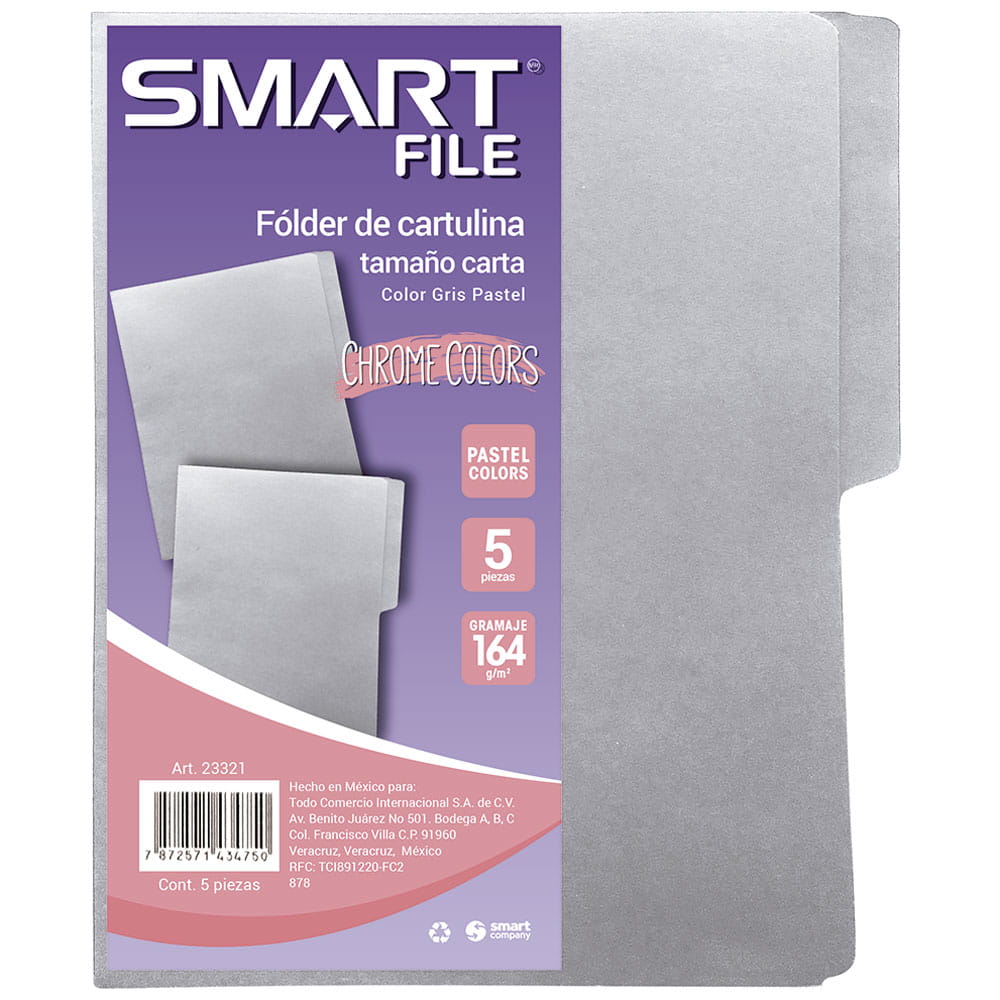 Folder de Cartulina Tamaño Carta Gris Pastel Paquete con 5 Piezas Smart