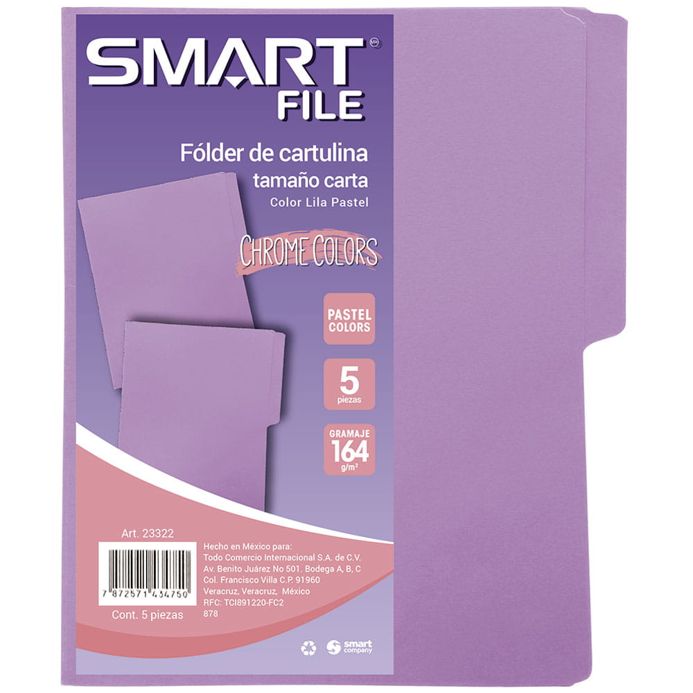 Folder de Cartulina Tamaño Carta Lila Pastel Paquete con 5 Piezas Smart