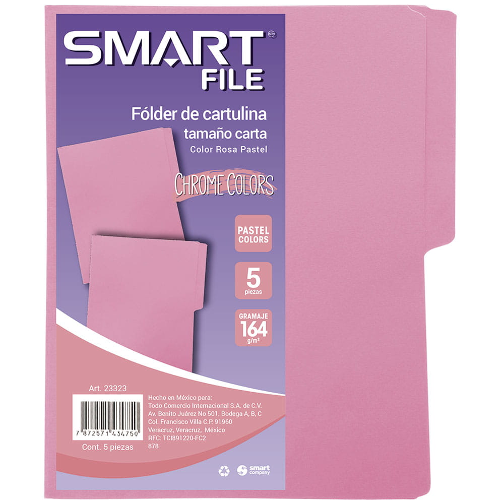 Folder de Cartulina Tamaño Carta Rosa Pastel Paquete con 5 Piezas Smart