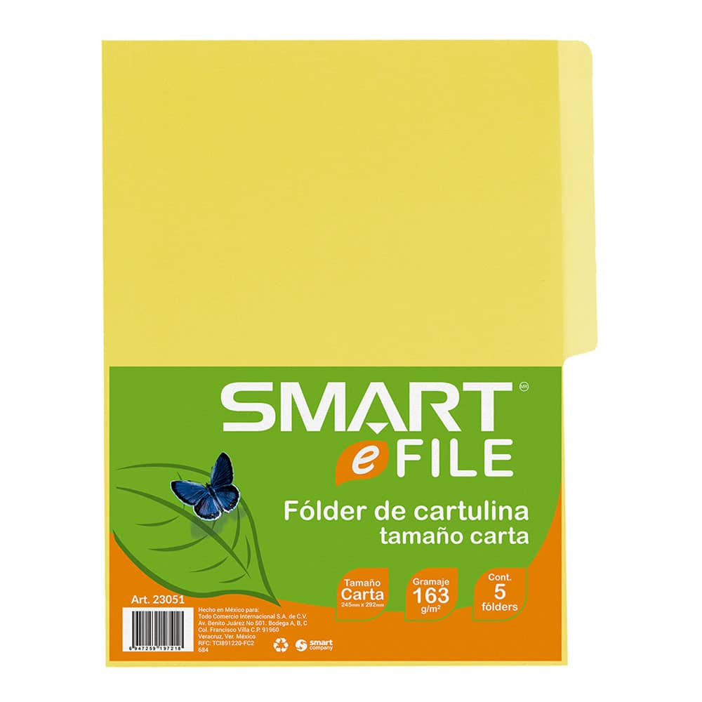 Folder de Cartulina Tamaño Carta Amarillo Canario Paquete con 5 Piezas Smart