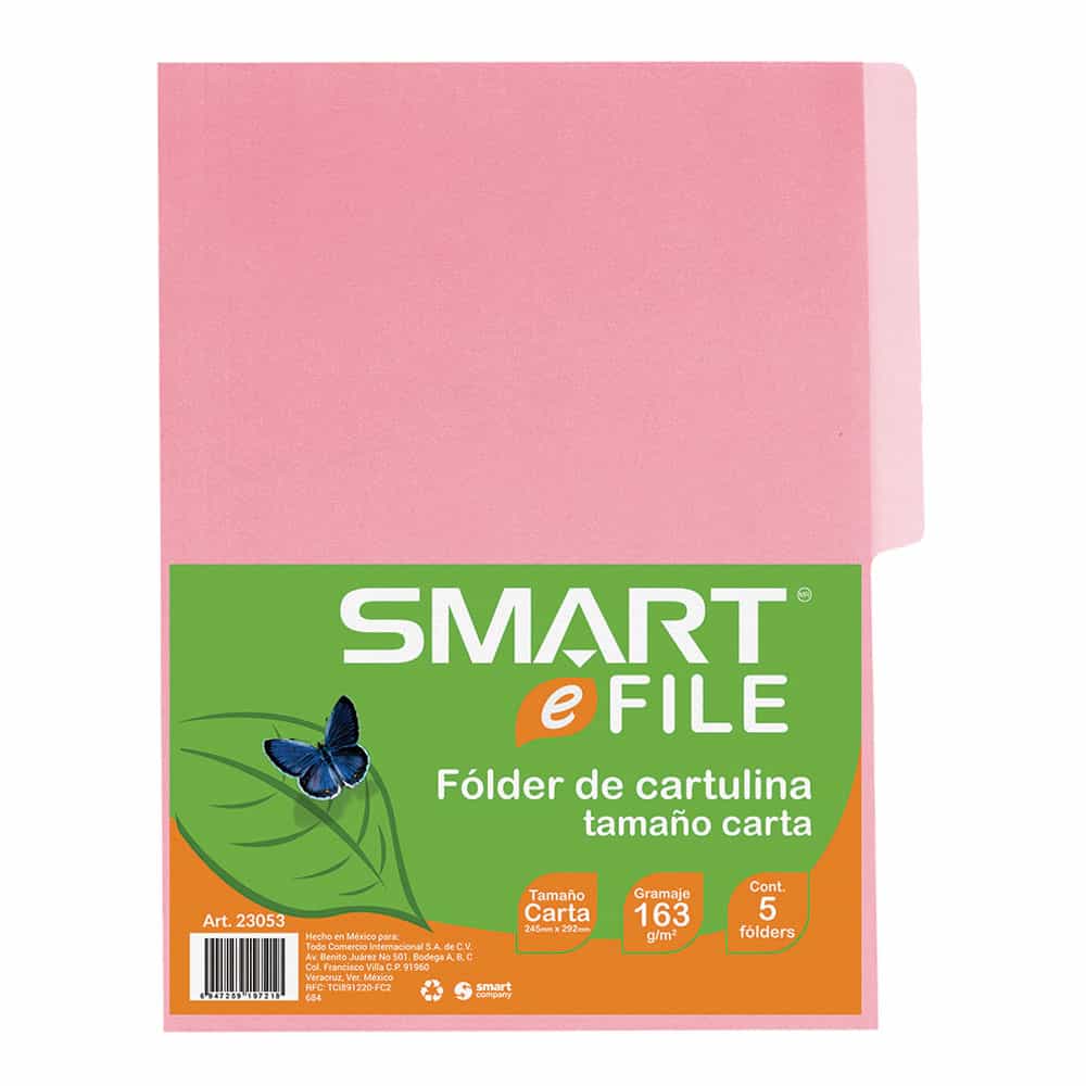 Folder de Cartulina Tamaño Carta Rosa Paquete con 5 Piezas Smart