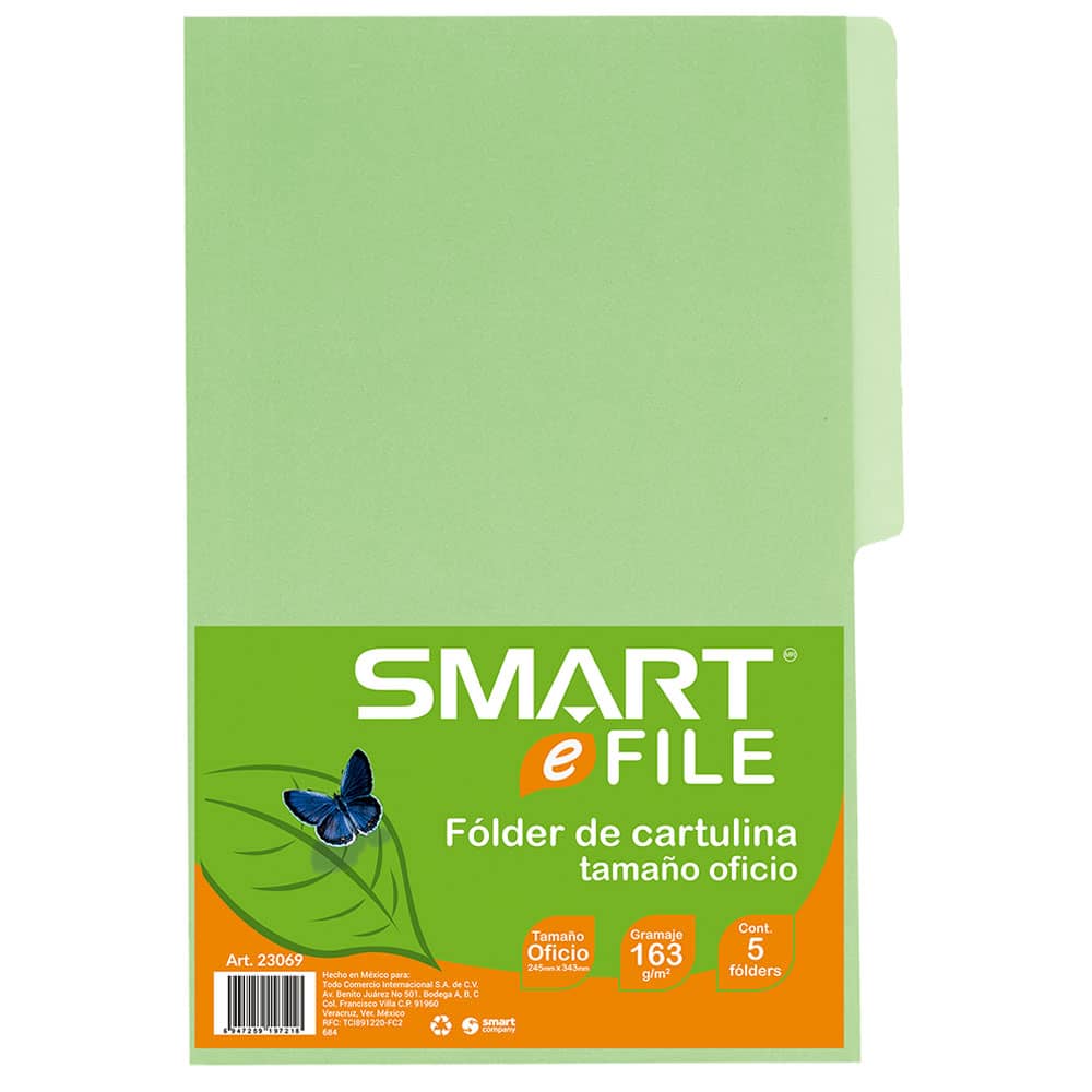 Folder de Cartulina Tamaño Oficio Verde Paquete con 5 Piezas Smart