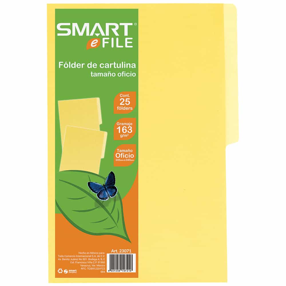 Folder de Cartulina Tamaño Oficio Amarillo Canario Paquete con 25 Piezas Smart