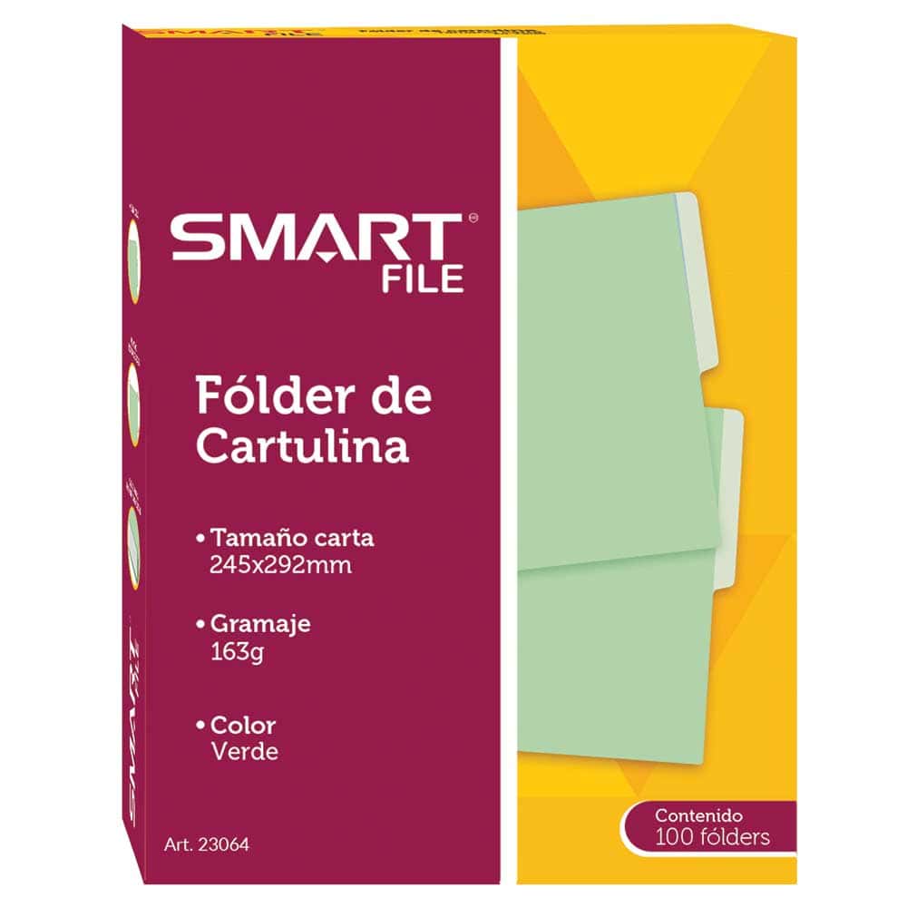 Folder de Cartulina Tamaño Carta Verde Caja con 100 Piezas Smart