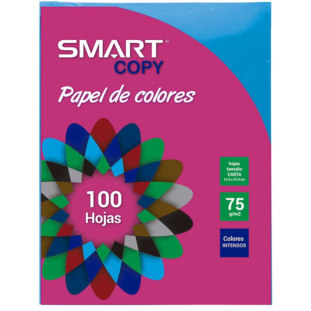 Papel Bond Tamaño Carta Colores Intensos con 100 Hojas Azul Intenso Smart Copy