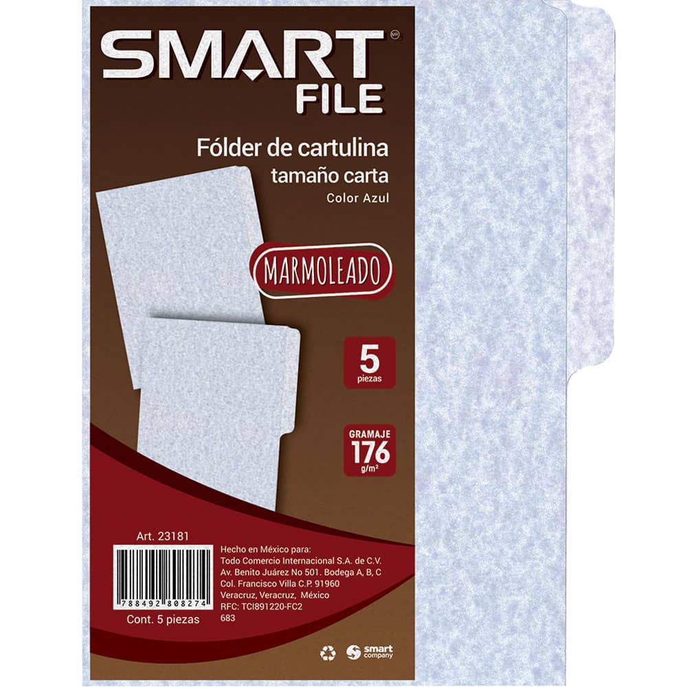 Folder de Cartulina Tamaño Carta Marmoleado Azul con 5 Smart
