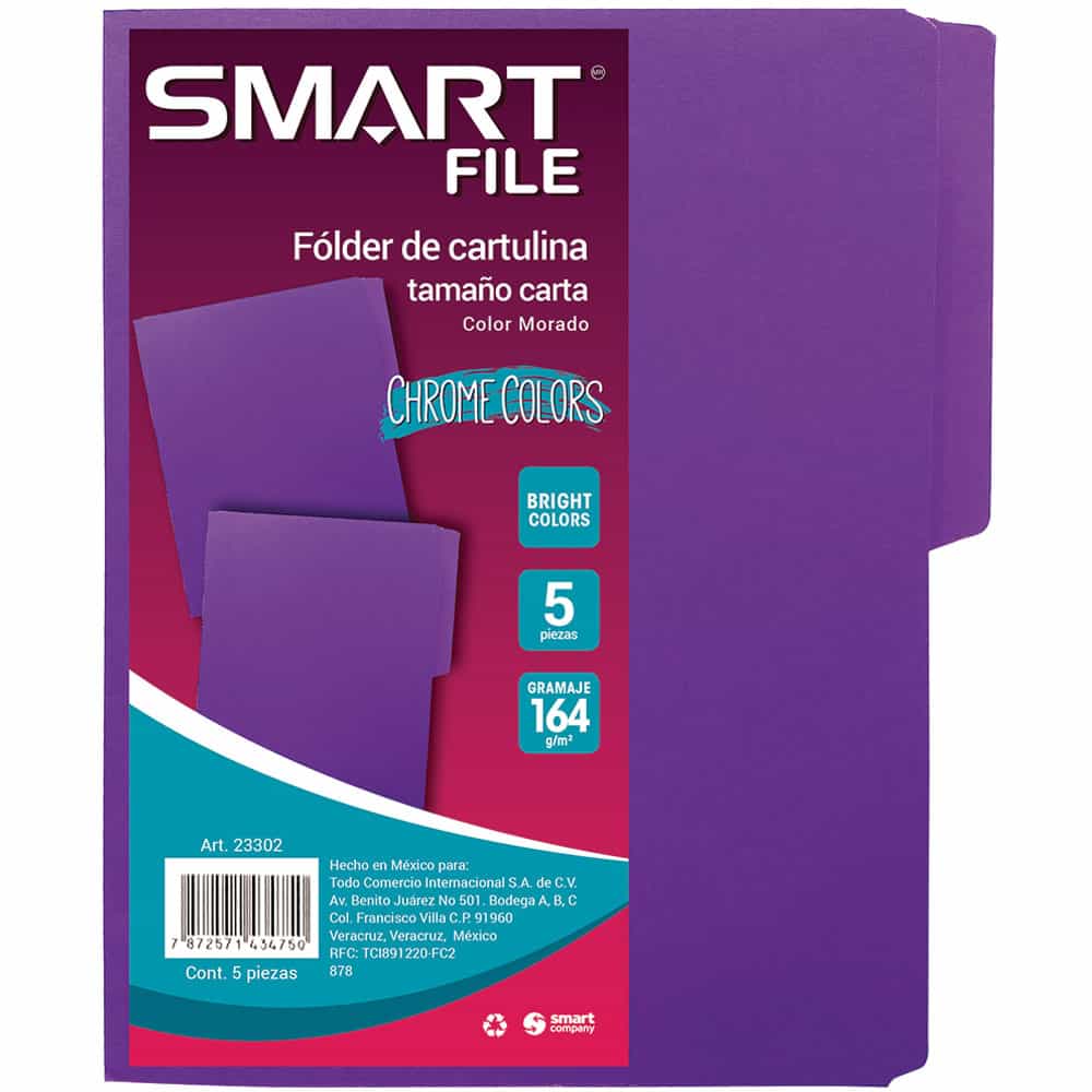 Folder de Cartulina Tamaño Carta Morado Paquete con 5 Piezas Smart Cool