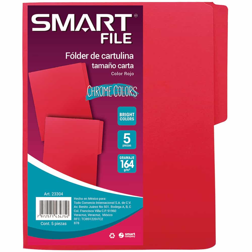 Folder de Cartulina Tamaño Carta Rojo Paquete con 5 Piezas Smart Cool