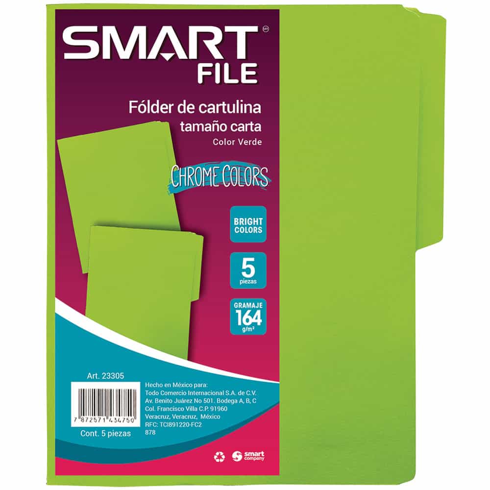 Folder de Cartulina Tamaño Carta Verde Paquete con 5 Piezas Smart Cool