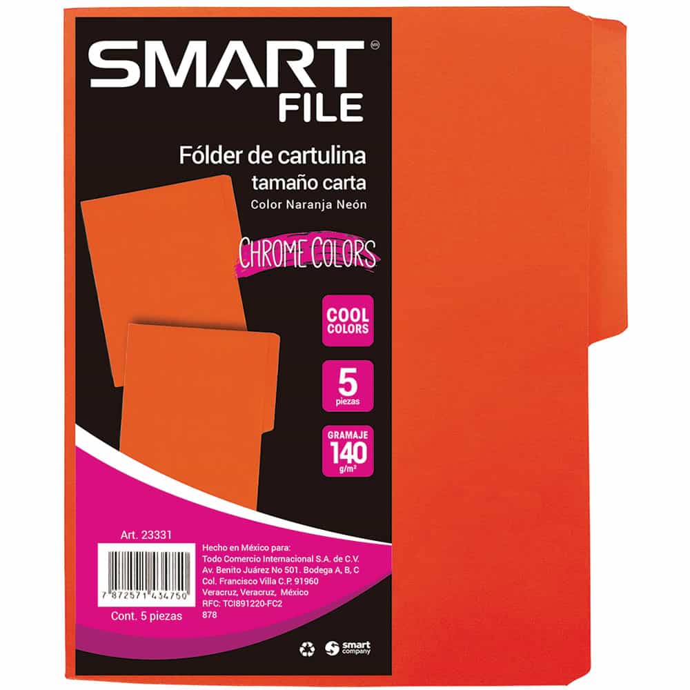 Folder de Cartulina Tamaño Carta Naranja Cool Paquete con 5 Piezas Smart Cool