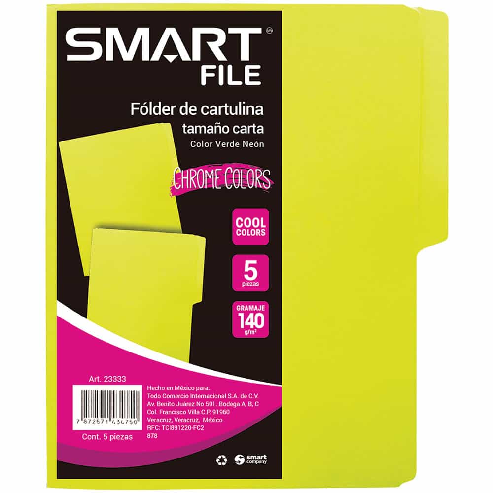 Folder de Cartulina Tamaño Carta Verde Limon Paquete con 5 Piezas Smart Cool