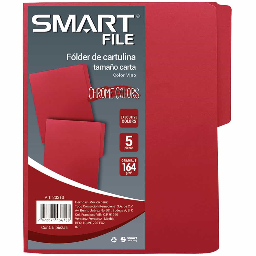 Folder de Cartulina Tamaño Carta Vino Exec  Paquete con 5 Piezas Smart Cool