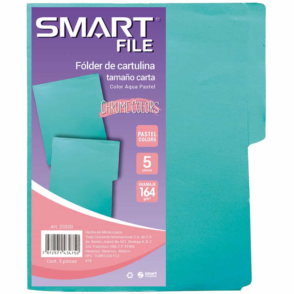 Folder de Cartulina Tamaño Carta Aqua Pastel Paquete con 5 Piezas Smart Cool