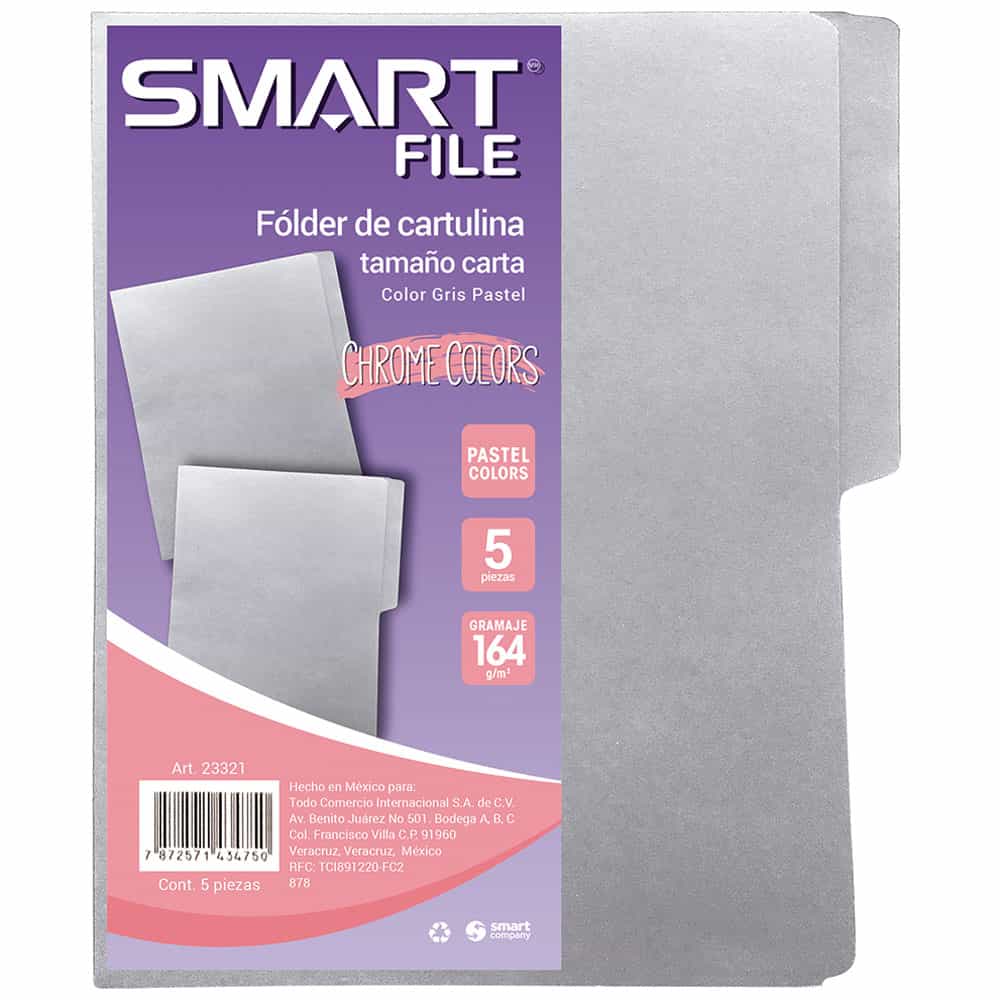 Folder de Cartulina Tamaño Carta Gris Pastel Paquete con 5 Piezas Smart Cool