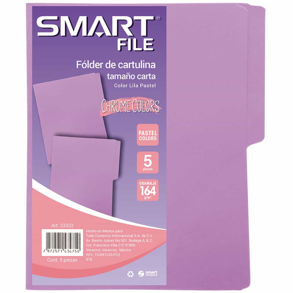Folder de Cartulina Tamaño Carta Lila Pastel Paquete con 5 Piezas Smart Cool