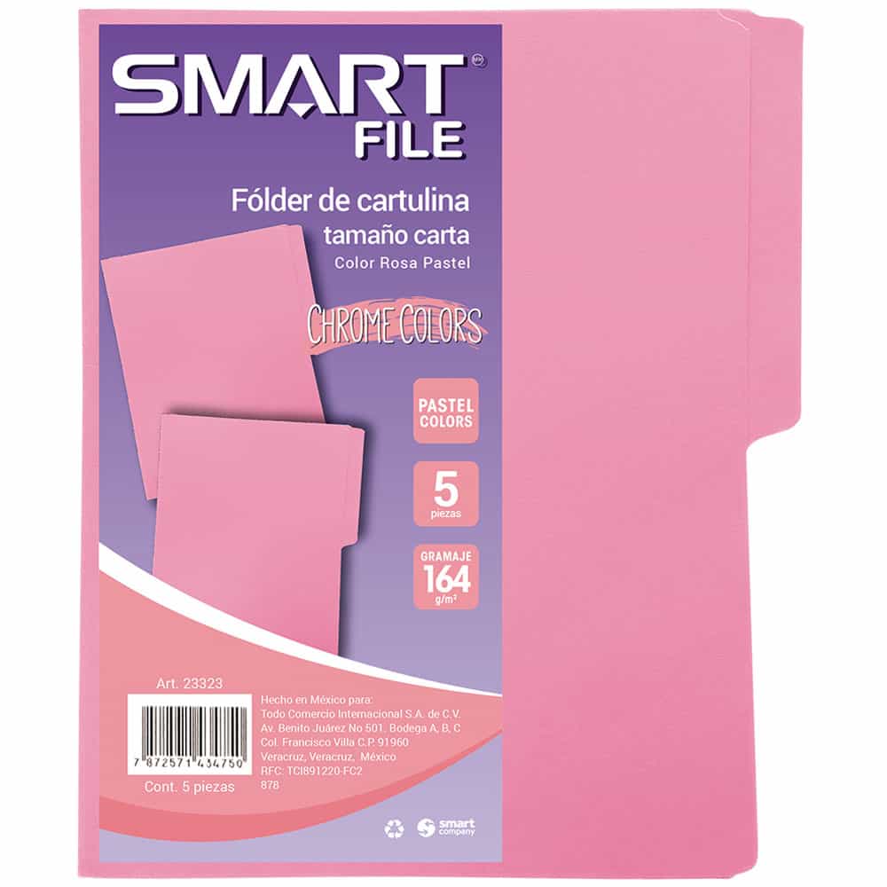 Folder de Cartulina Tamaño Carta Rosa Pastel  Paquete con 5 Piezas Smart Cool