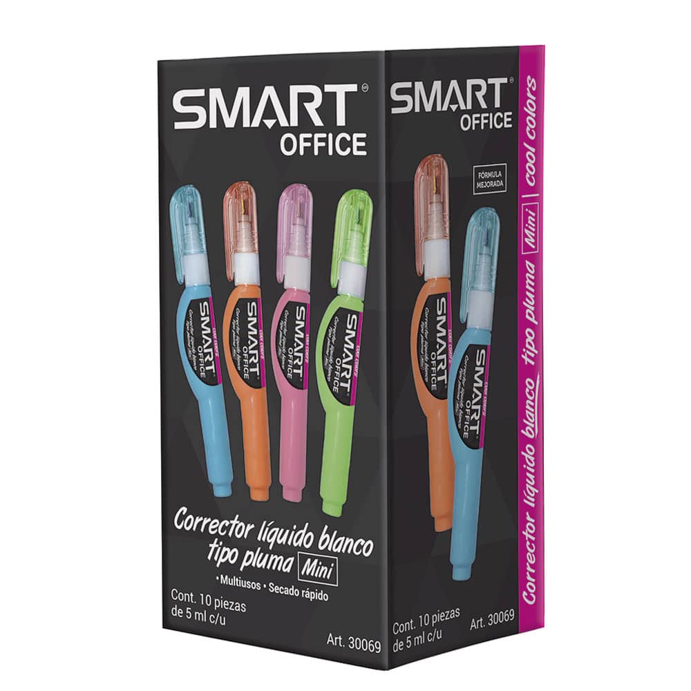 Corrector Líquido Blanco Tipo Pluma Mini con  10 Piezas Cool Colors Smart