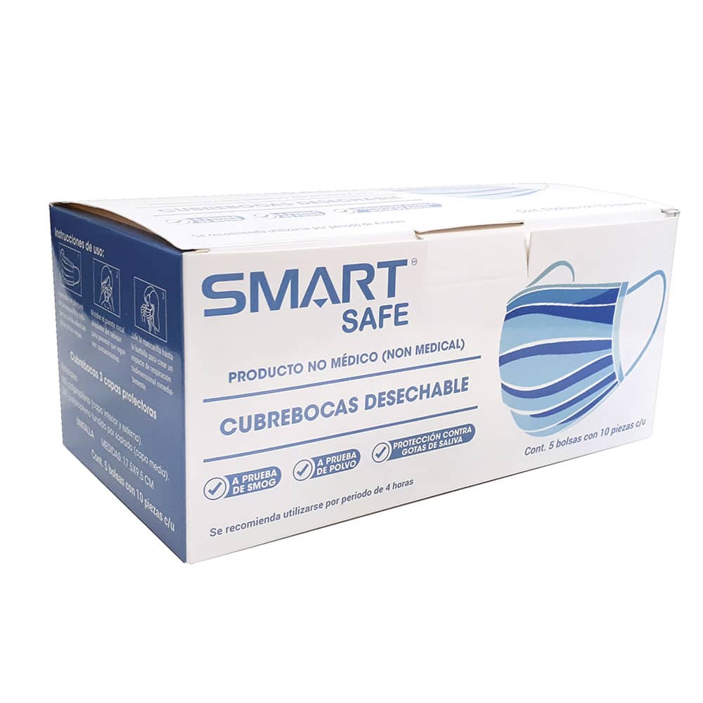 Cubrebocas Básico Desechable de 3 Capas con 50 Piezas Smart Safe