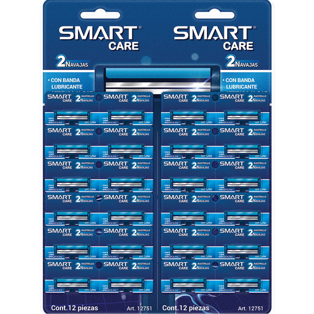 Rastrillo Rasurador Desechable de 2 Navajas Exhibidor con 48 Paquetes con 2 Piezas Smart Care 12751
