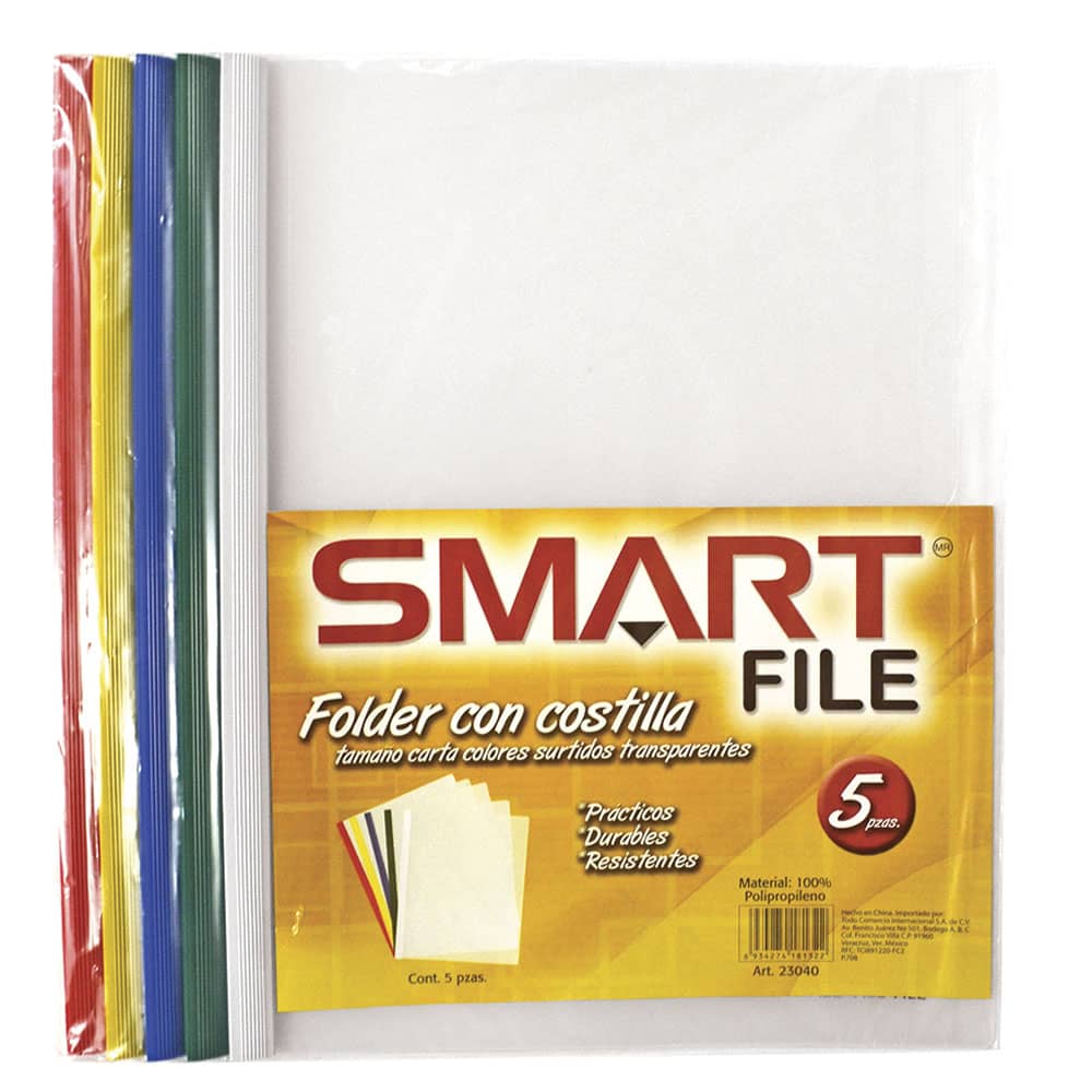Folder de Plástico Tamaño Carta con Costilla Delgada 7 mm Colores Surtidos Transparente Paquete con 5 Piezas Smart