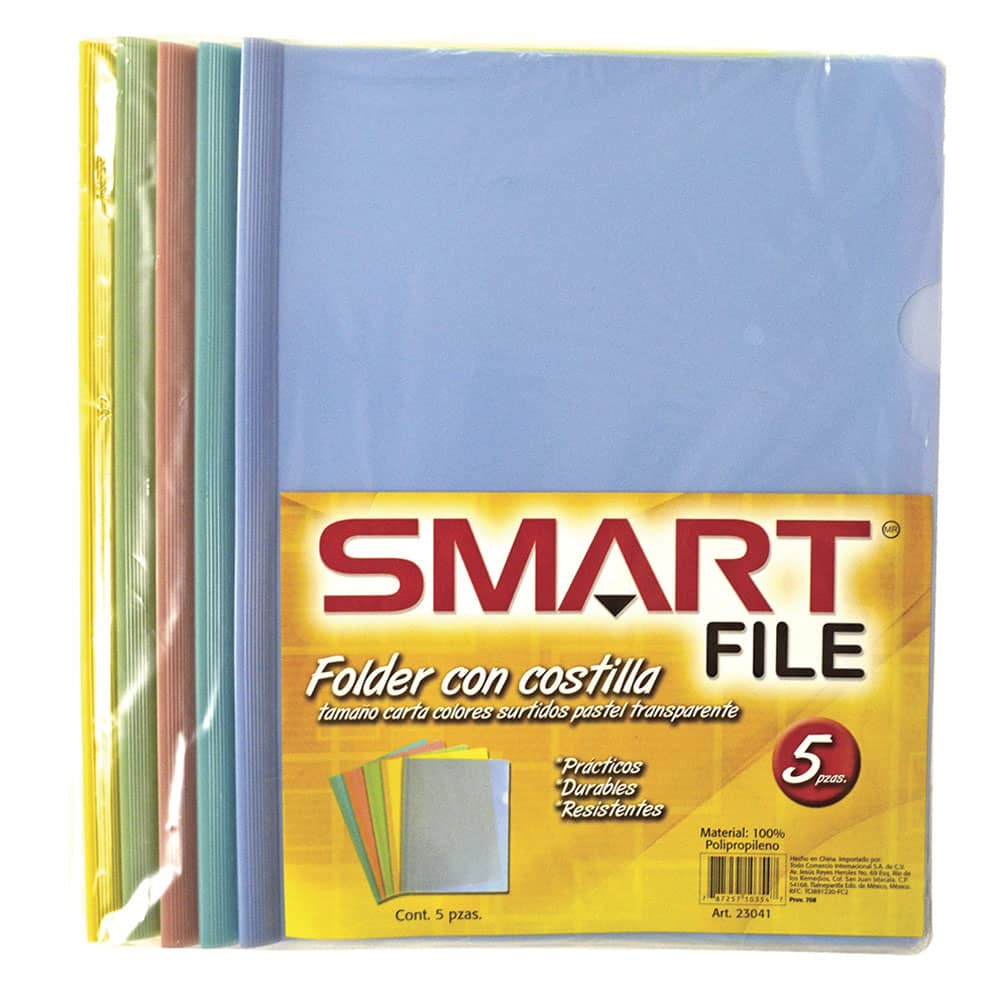 Folder de Plástico Tamaño Carta con Costilla Delgada de 7 mm Colores Surtidos Pastel Paquete con 5 Piezas Smart