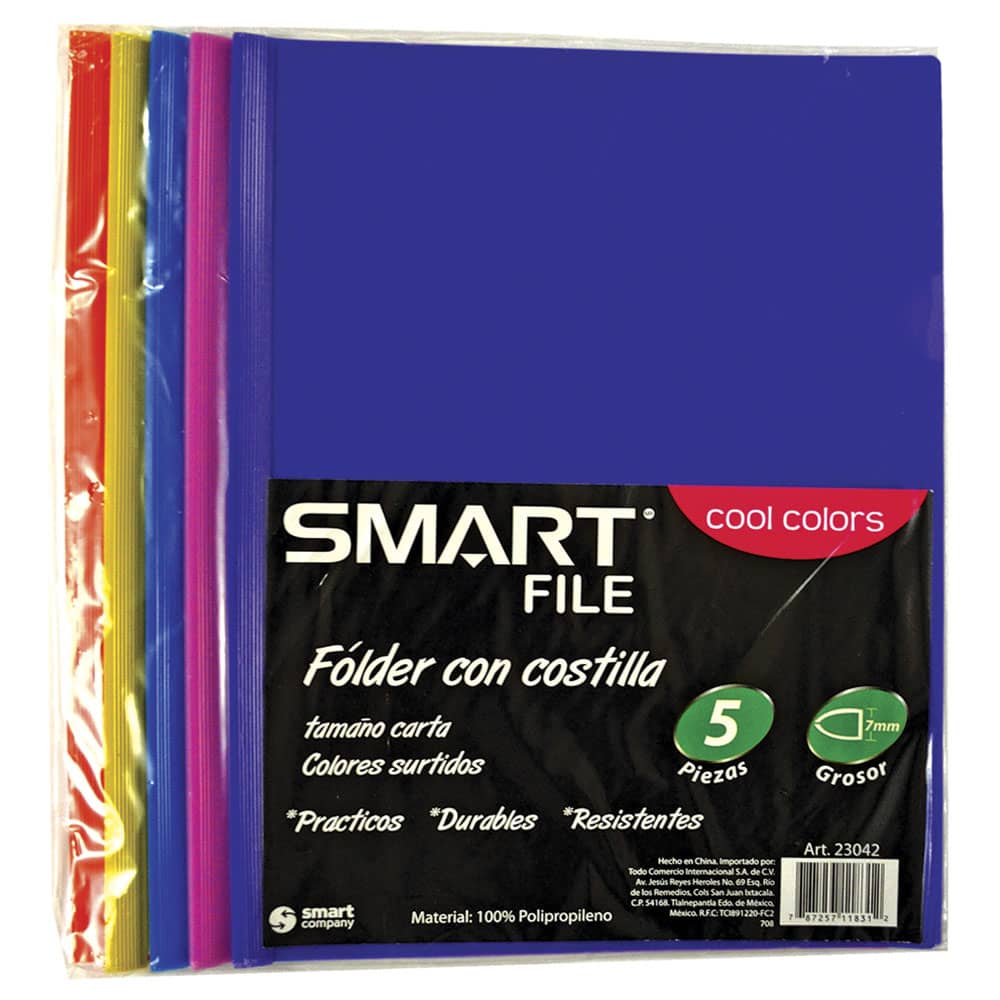 Folder de Plástico Tamaño Carta con Costilla Delgada 7 mm Colores Surtidos Cool Colors Paquete con 5 Piezas Smart