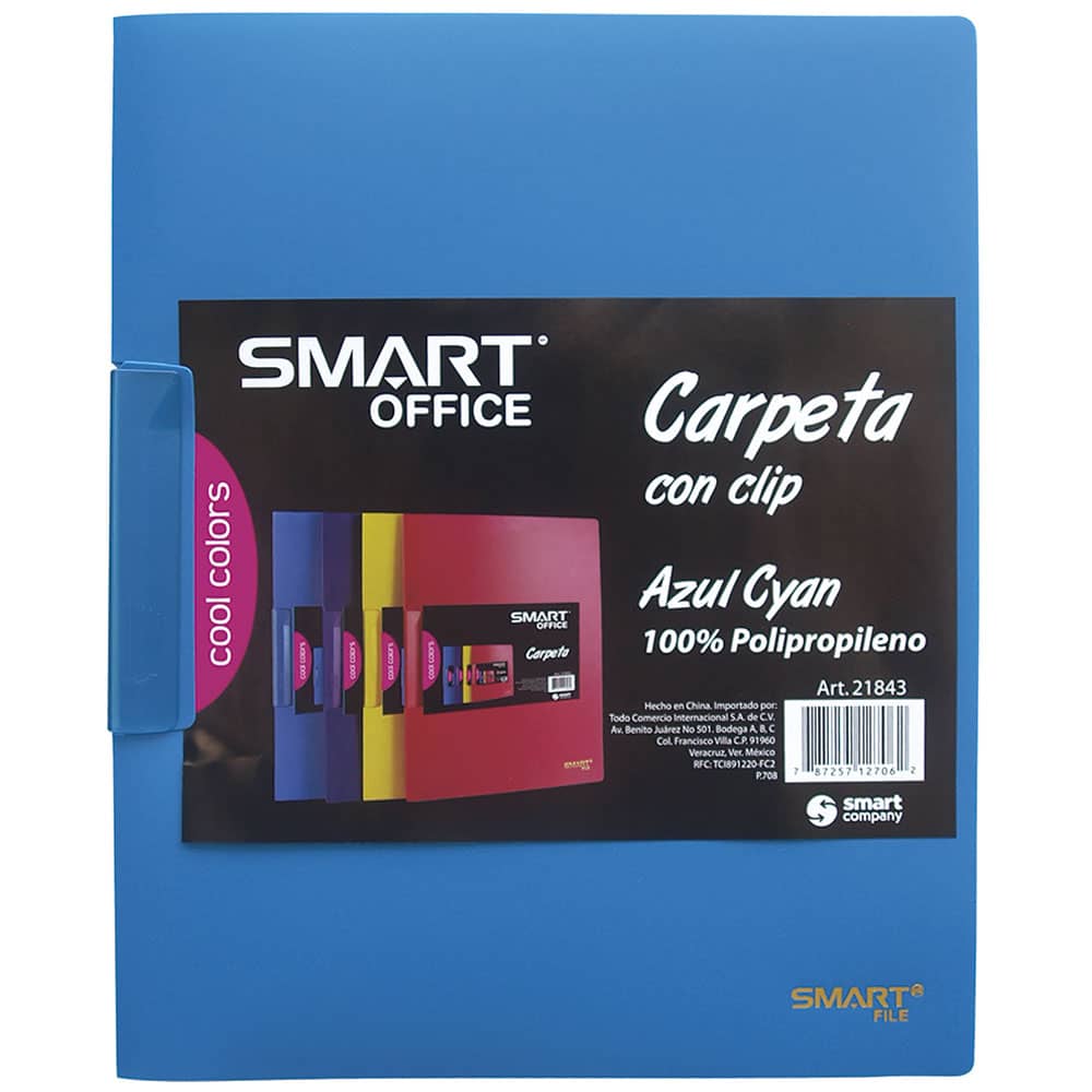 Carpeta de Plástico Tamaño Carta con Clip Azul Cyan Smart