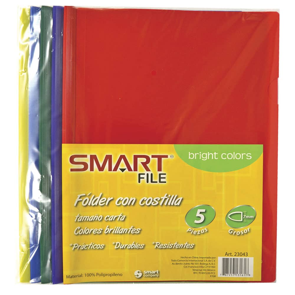 Folder de Plástico Tamaño Carta con Costilla Delgada 7 mm Bright Colors Paquete con 5 Piezas Smart