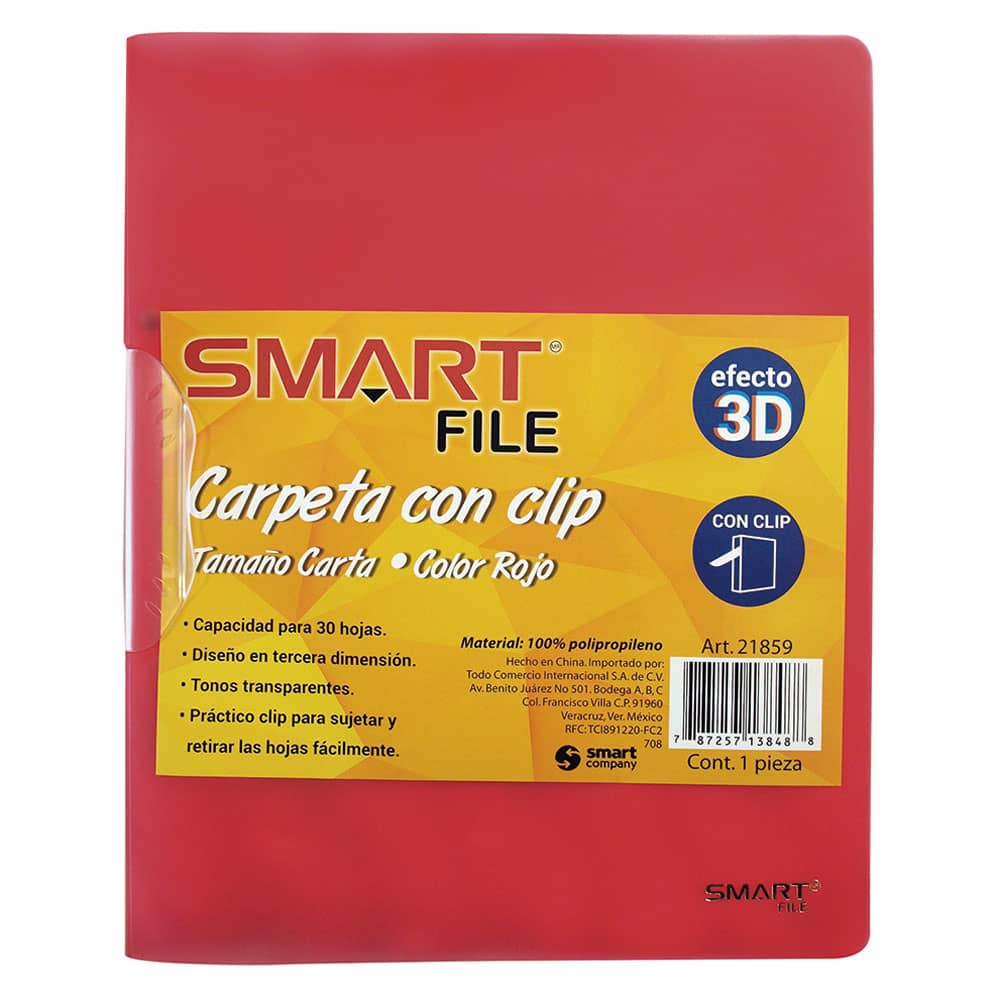 Carpeta de Plástico Tamaño Carta con Clip 3ra Dimensión Rojo Smart