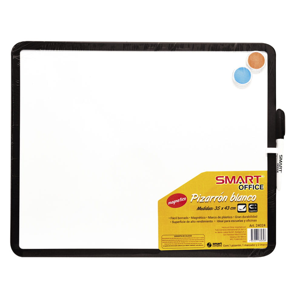 Pizarrón Blanco de 35 x 43 cm Magnético con Marco de Plástico Negro Smart