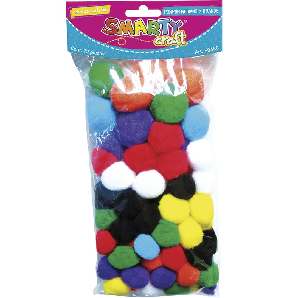 Pompones Medianos y Grandes Colores Surtidos Bolsa con 72 Piezas Smarty
