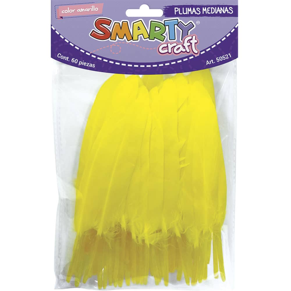 Plumas Mediana para Manualidades Color Amarrillo con 60 Piezas Smarty