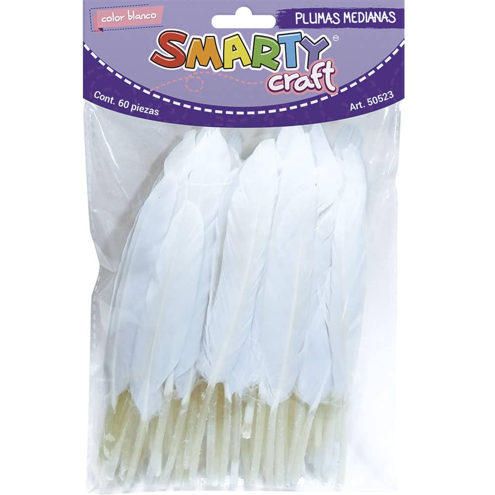 Plumas Mediana para Manualidades Color Blanco con 60 Piezas Smarty