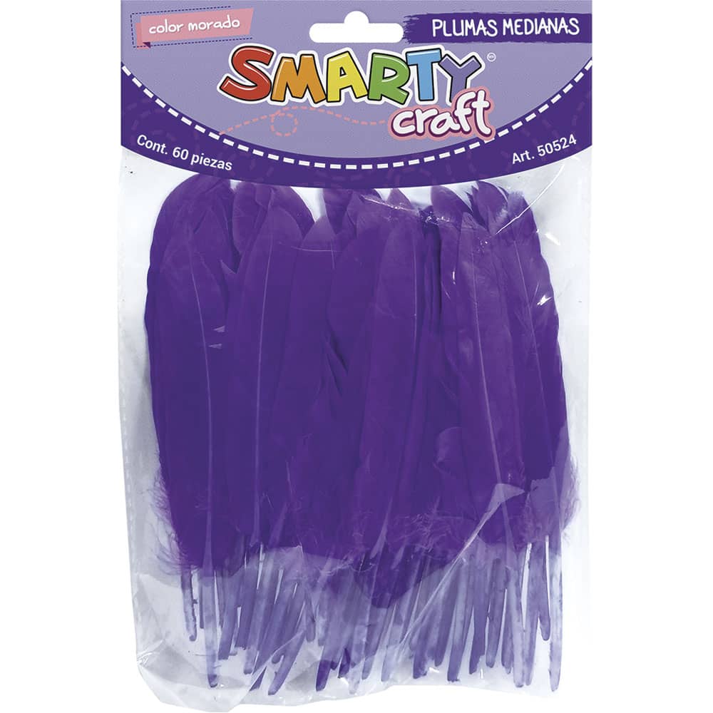 Plumas Mediana para Manualidades Color Morado con 60 Piezas Smarty