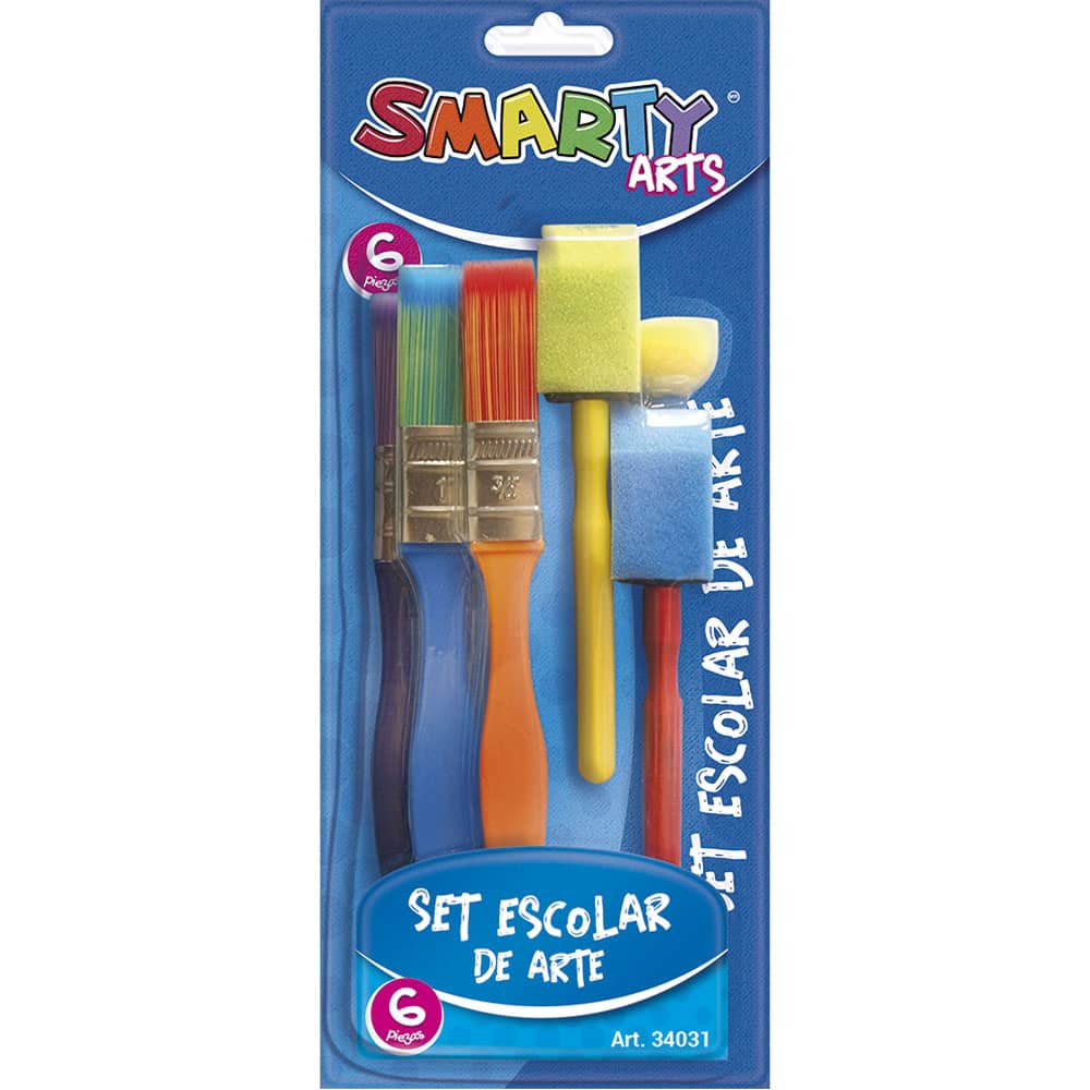 Pincel Escolar de Plástico Tipo Brocha y Esponja con 6 Piezas Surtidos Smarty